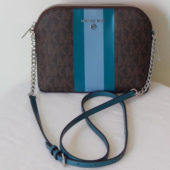 NWT MICHAEL KORS MK MONOGRAM Center Stripe CINDY LG Dome CHAIN XBODY BAG Cyan